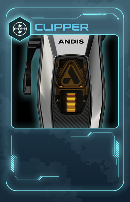 Recon clipper closeup of silver case with transparent cover above Andis logo.